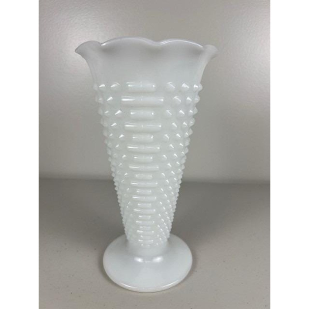 Vintage Anchor Hocking Milk Dot Dash Glass Hobnail Scalloped Trumpet Vase Footed